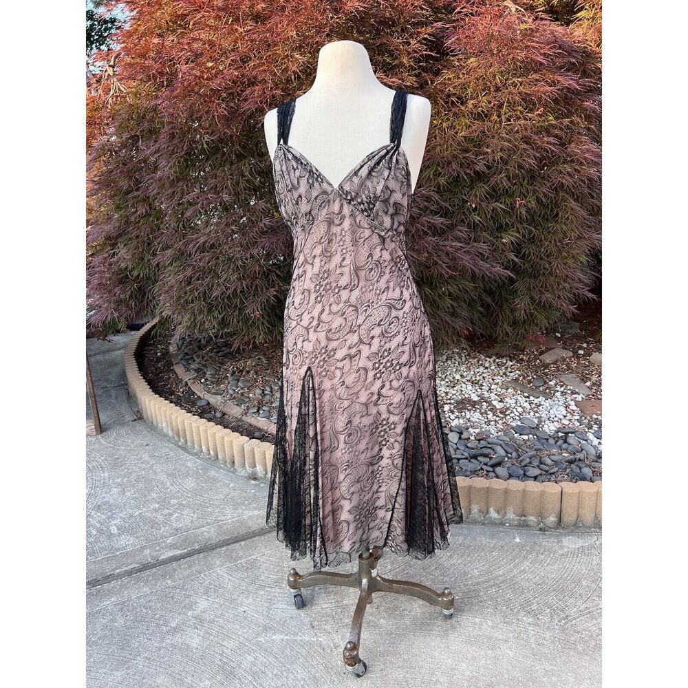 Vintage Galliano Dress Black Lace Over Peach Low Back babydoll goth whimsigoth